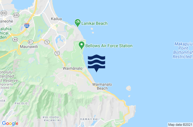 Mapa da tábua de marés em Waimānalo Bay, United States