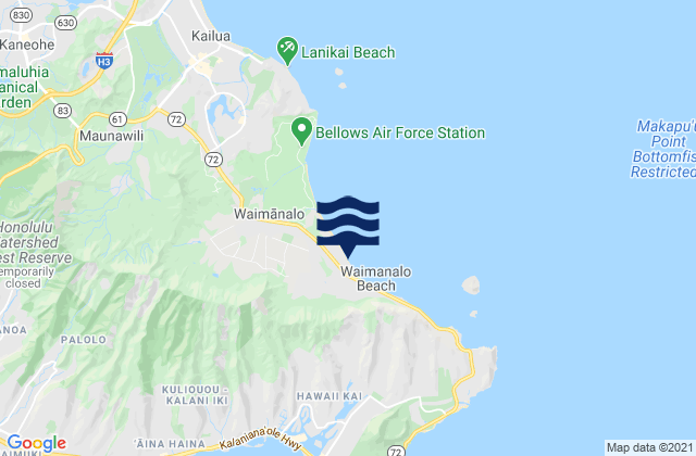 Mapa da tábua de marés em Waimānalo Beach, United States