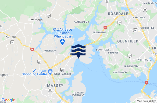 Mapa da tábua de marés em Waitemata Harbour, New Zealand