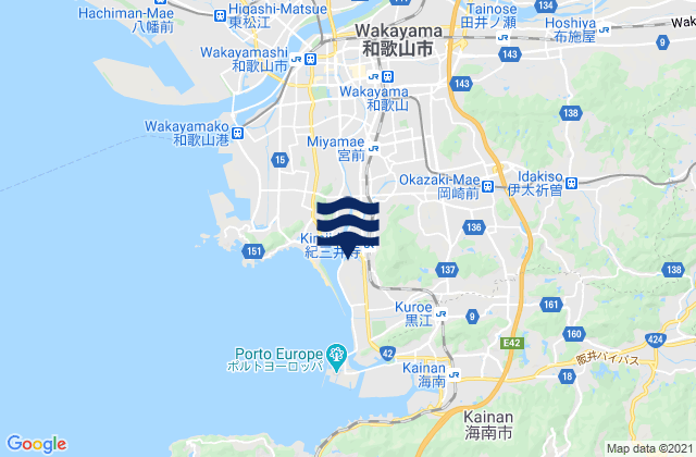 Mapa da tábua de marés em Wakanoura Wan, Japan