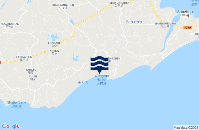 Mapa da tábua de marés em Wangcungang, China