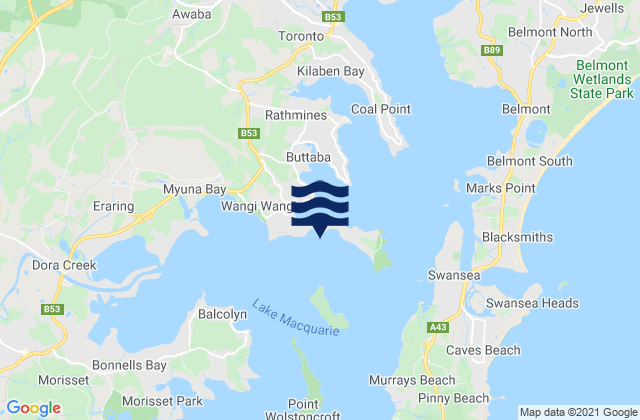 Mapa da tábua de marés em Wangi Wangi Beach, Australia