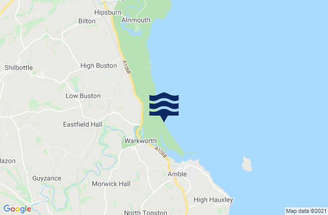 Mapa da tábua de marés em Warkworth Beach, United Kingdom