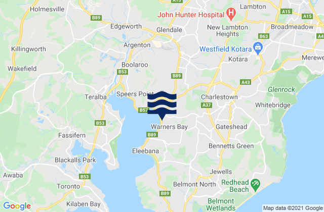Mapa da tábua de marés em Warners Bay, Australia