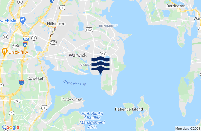 Mapa da tábua de marés em Warwick Cove, United States