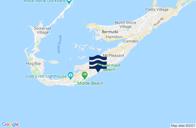 Mapa da tábua de marés em Warwick Parish, Bermuda