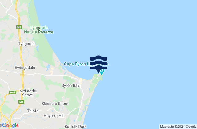 Mapa da tábua de marés em Wategos, Australia