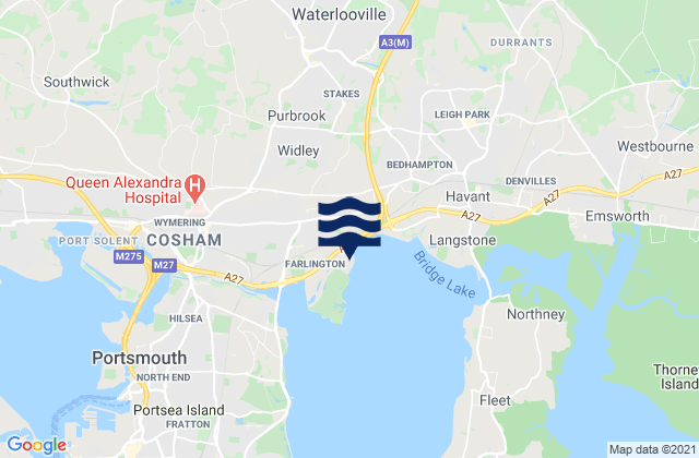 Mapa da tábua de marés em Waterlooville, United Kingdom