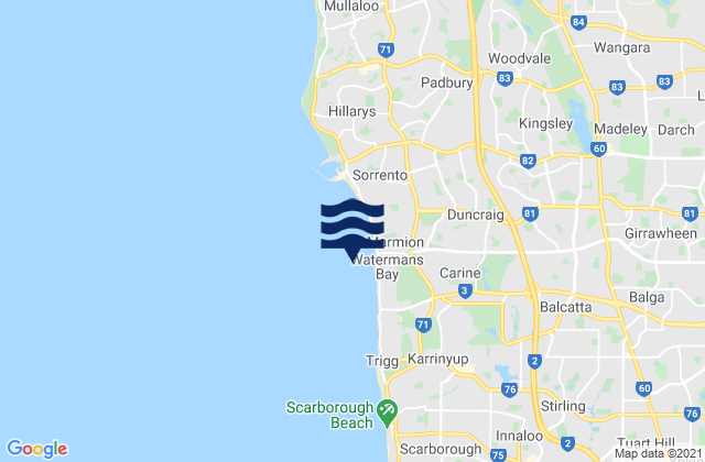 Mapa da tábua de marés em Watermans Bay, Australia