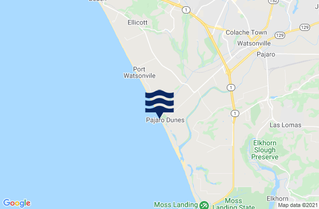 Mapa da tábua de marés em Watsonville, United States