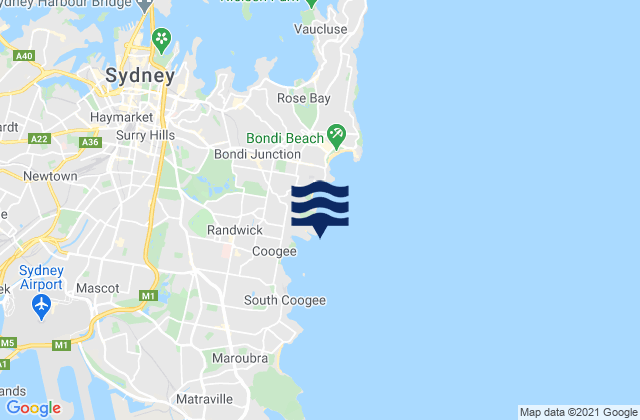 Mapa da tábua de marés em Waverley, Australia