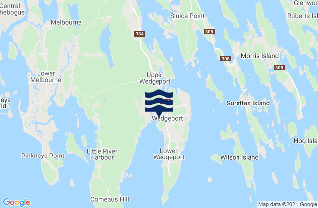 Mapa da tábua de marés em Wedgeport, Canada