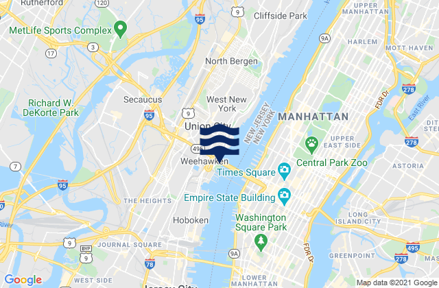 Mapa da tábua de marés em Weehawken (Union City), United States