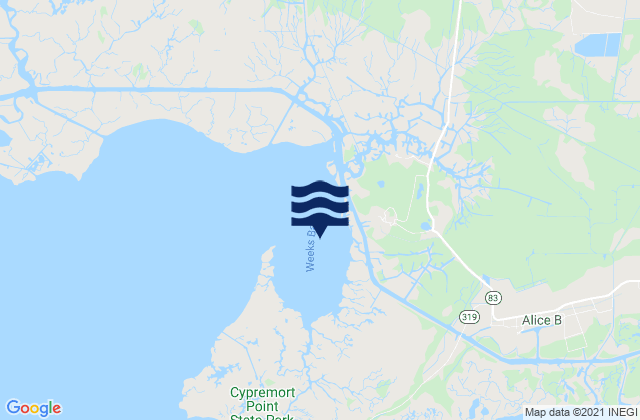 Mapa da tábua de marés em Weeks Bay (Vermilion Bay), United States