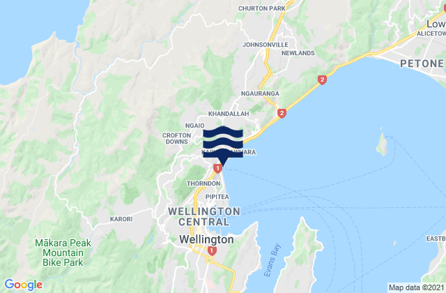 Mapa da tábua de marés em Wellington City, New Zealand