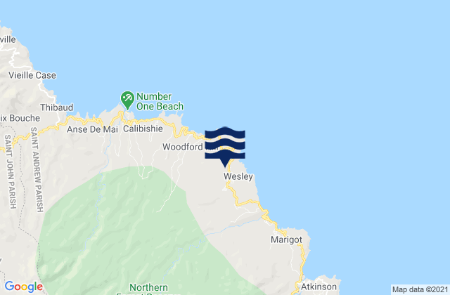 Mapa da tábua de marés em Wesley, Dominica