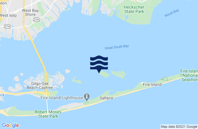 Mapa da tábua de marés em West Fire Island, United States