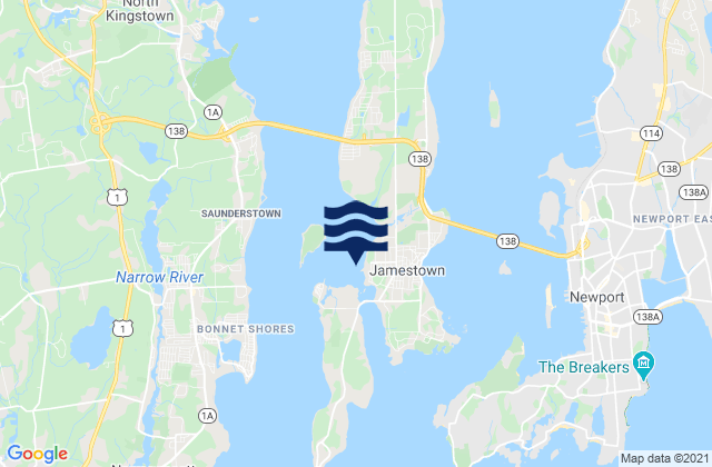 Mapa da tábua de marés em West Jamestown, United States
