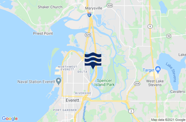Mapa da tábua de marés em West Lake Stevens, United States
