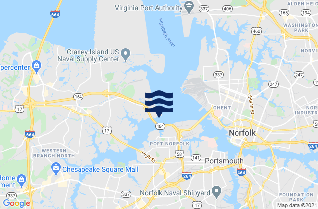 Mapa da tábua de marés em West Norfolk Bridge Western Branch, United States
