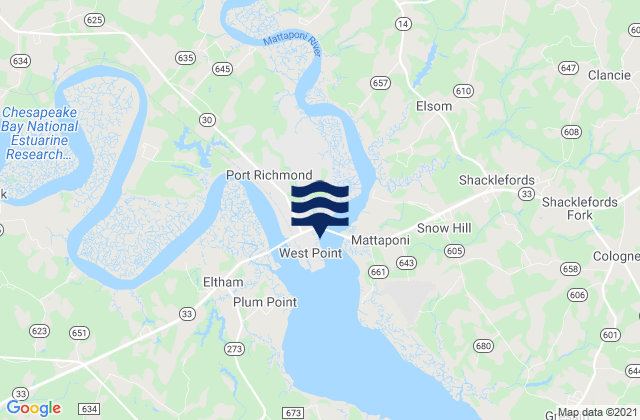 Mapa da tábua de marés em West Point, United States