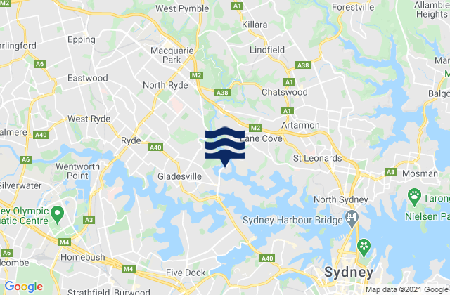 Mapa da tábua de marés em West Ryde, Australia