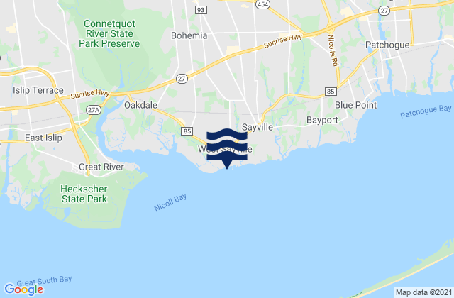 Mapa da tábua de marés em West Sayville, United States