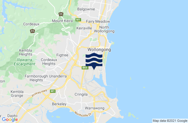 Mapa da tábua de marés em West Wollongong, Australia