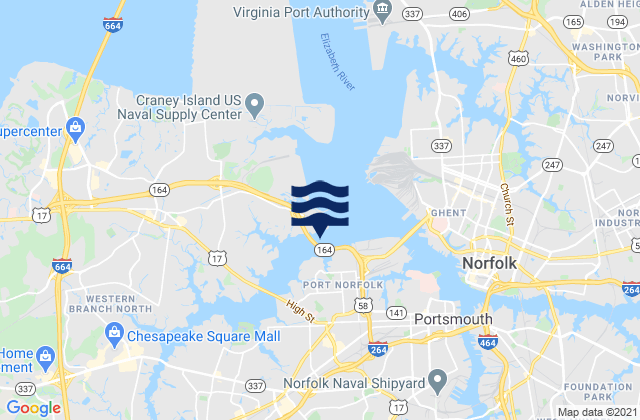 Mapa da tábua de marés em Western Branch Rt 337 bridge, United States