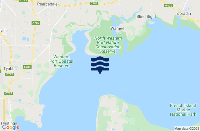 Mapa da tábua de marés em Westernport, Australia