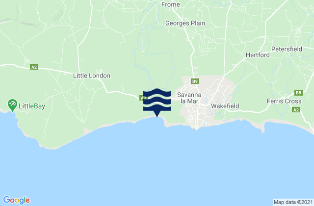 Mapa da tábua de marés em Westmoreland, Jamaica