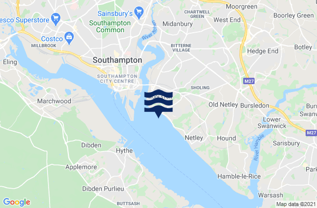 Mapa da tábua de marés em Weston (Woolston) Beach, United Kingdom