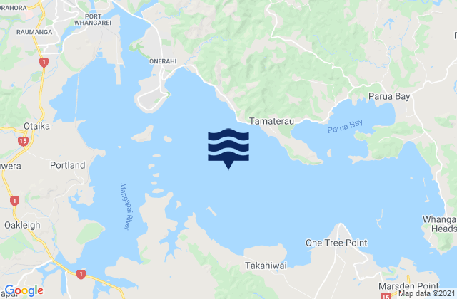 Mapa da tábua de marés em Whangarei Harbour, New Zealand