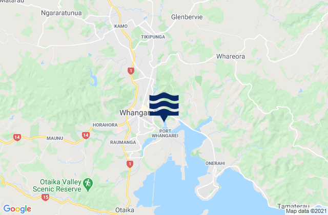 Mapa da tábua de marés em Whangarei, New Zealand