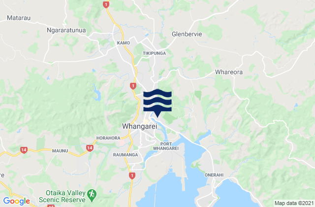 Mapa da tábua de marés em Whangarei, New Zealand
