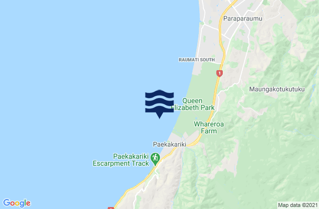 Mapa da tábua de marés em Whareroa Beach, New Zealand