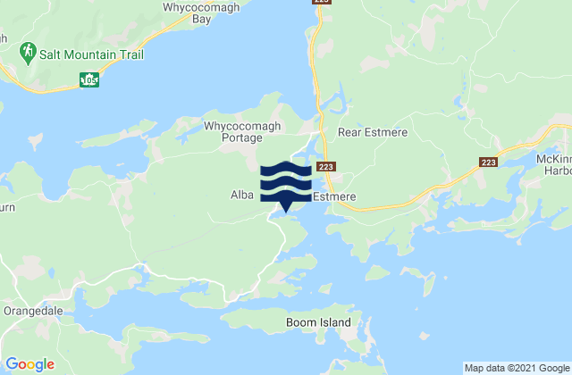 Mapa da tábua de marés em Whycocomagh Bay, Canada