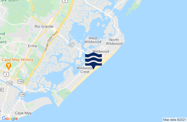 Mapa da tábua de marés em Wildwood Crest (Ocean Pier), United States