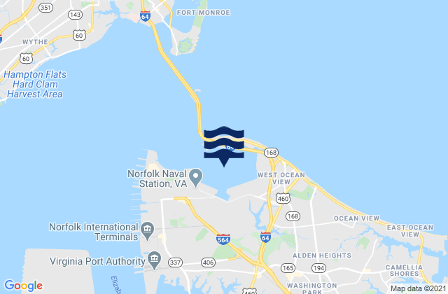 Mapa da tábua de marés em Willoughby Bay, United States