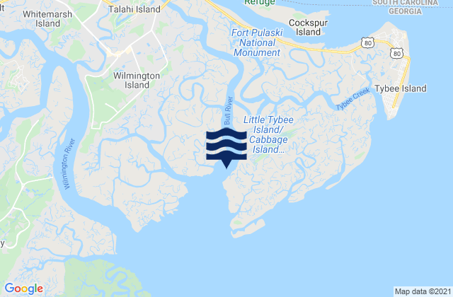 Mapa da tábua de marés em Wilmington Island SSE of Bull River, United States