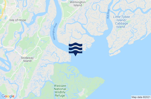 Mapa da tábua de marés em Wilmington River ent. off Cabbage Island, United States