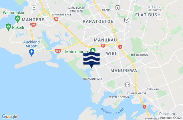Mapa da tábua de marés em Wiri, New Zealand