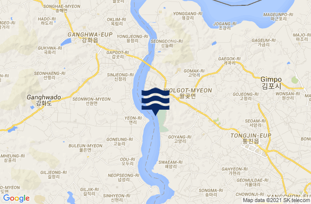 Mapa da tábua de marés em Wolgot, South Korea