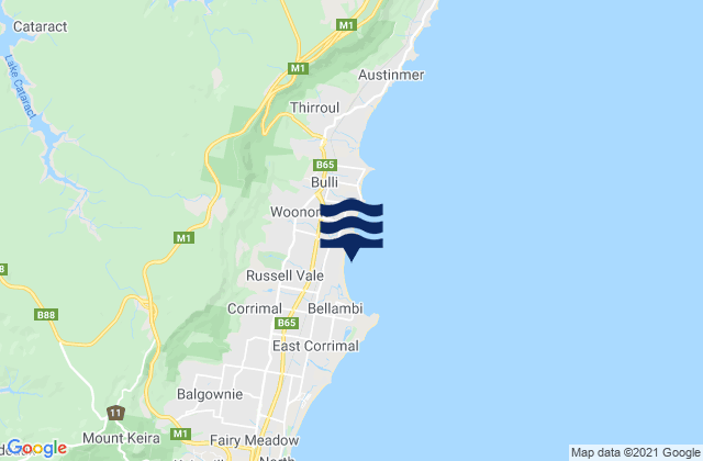 Mapa da tábua de marés em Wollongong, Australia