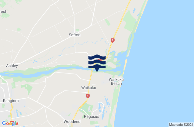 Mapa da tábua de marés em Woodend, New Zealand