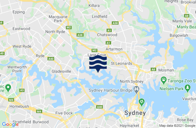 Mapa da tábua de marés em Woodford Bay, Australia