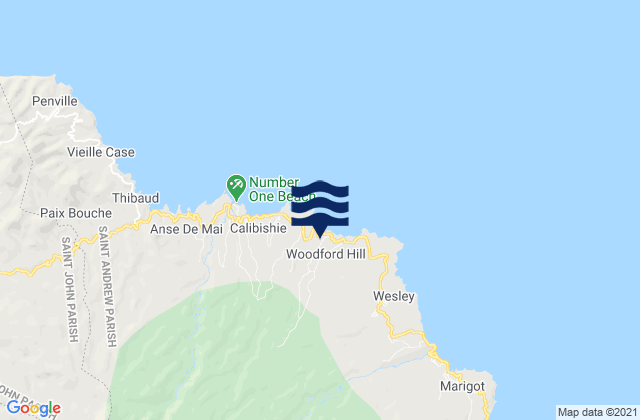Mapa da tábua de marés em Woodford Hill, Dominica