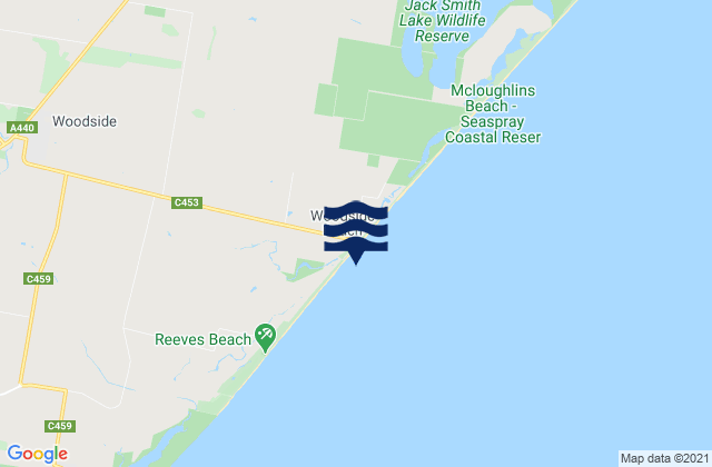 Mapa da tábua de marés em Woodside Beach, Australia