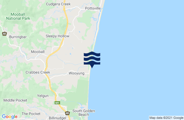 Mapa da tábua de marés em Wooyung Beach, Australia