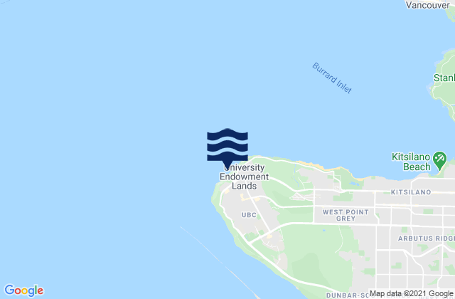 Mapa da tábua de marés em Wreck Beach, Canada